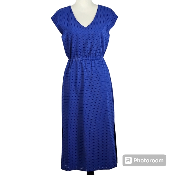 J. Crew Dresses & Skirts - J. Crew Blue Perforated Vneck Dress Sleeveless Stretch Waist Side Slits Sz 2